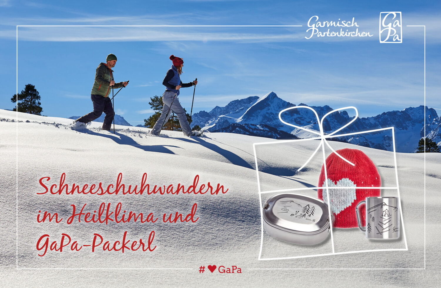 Wenn es endlich so richtig schneit und die Berge um Garmisch-Partenkirchen sich in eine glitzernde Winterwelt verwandeln, packen wir die Schneeschuhe aus. Das Wandern durch die tief verschneite Winterlandschaft, ist eine gelenkschonende und vor allem beeindruckende und fast meditative Art den Winter zu erleben. Du wirst sehen: Bereits nach einer kleinen Dosis Schneeschuhwandern in unserem Heilklima wird dein Wohlbefinden um ein Vielfaches gesteigert! Und der Spaß kommt dabei auch nicht zu kurz! Übrigens: mit unserem exklusiven GaPa-Paket bist du für dein nächstes Outdoor-Erlebnis bestens ausgestattet.
Wir verlosen durch Unterstüzung von GaPa Tourismus ein GaPa-Packerl im Wert von 70€




